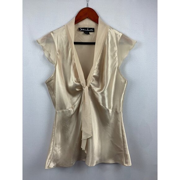 Susan Lucci Medium Satin Beige Blouse With Tie Front & Cap Sleeves - Picture 1 of 5